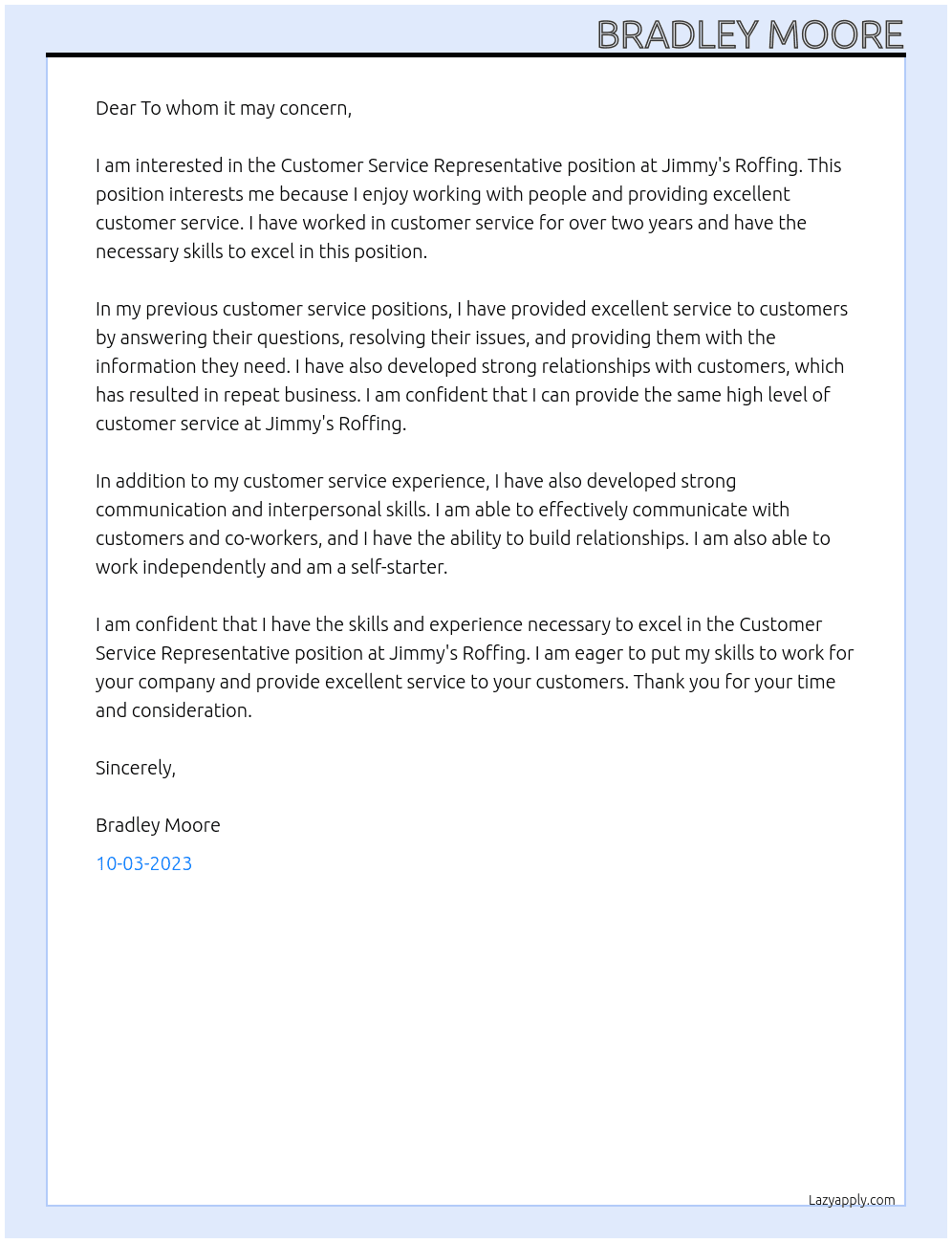 Customer Service Representative  At Jimmy's Roffing Cover Letter