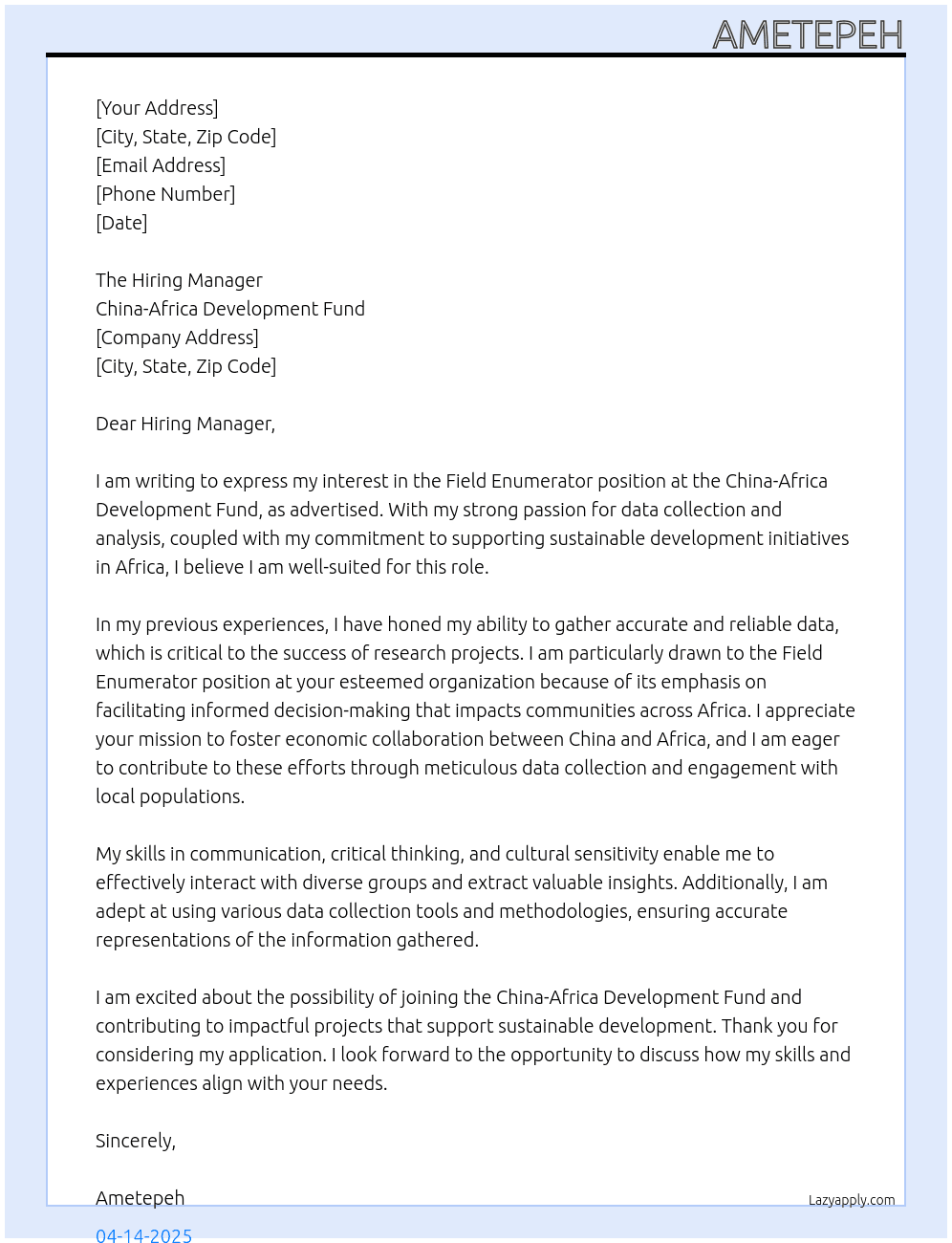 feild enumerator At China-Africa Development Fund Cover Letter