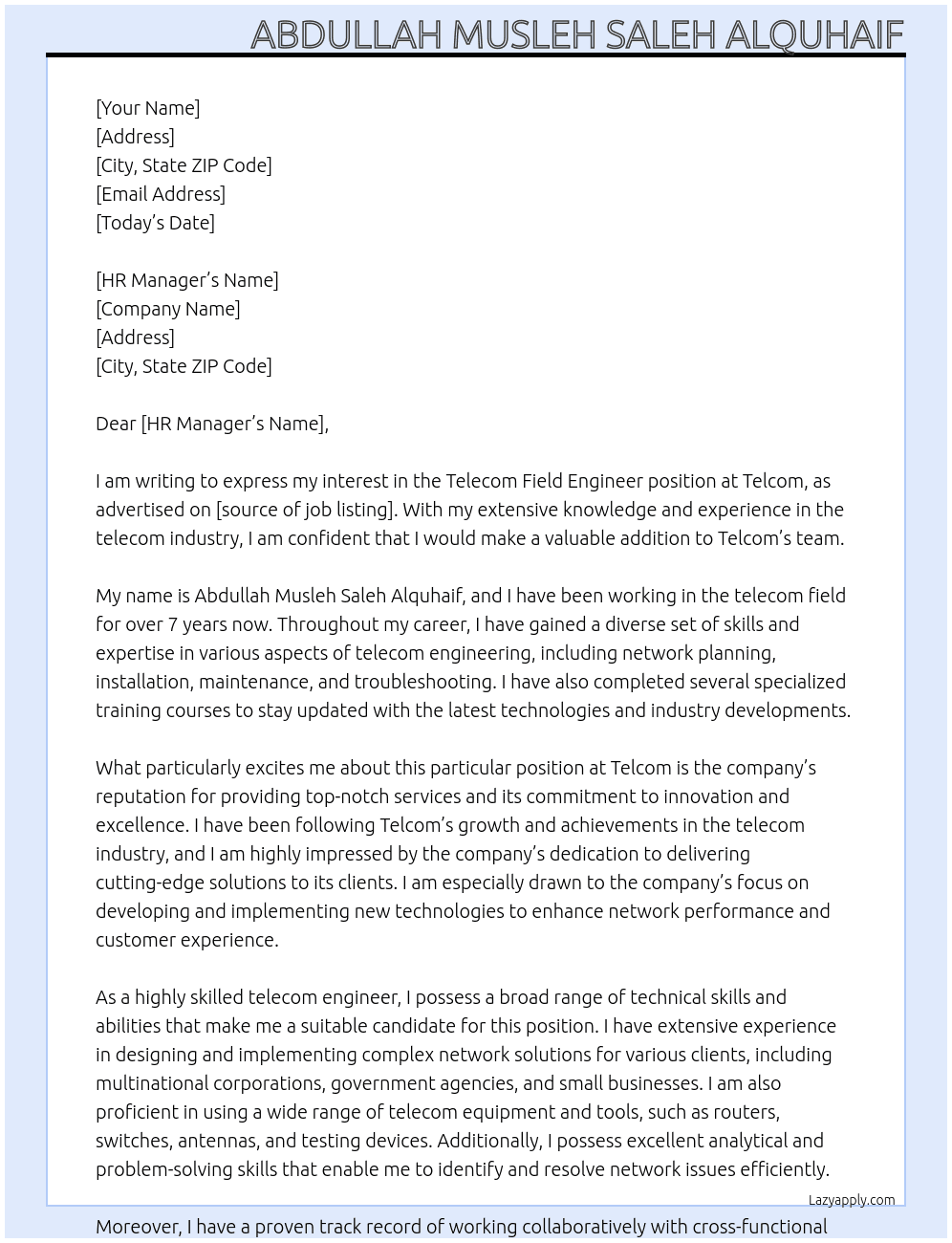 Telecom Field Engineer At Telcom Cover Letter
