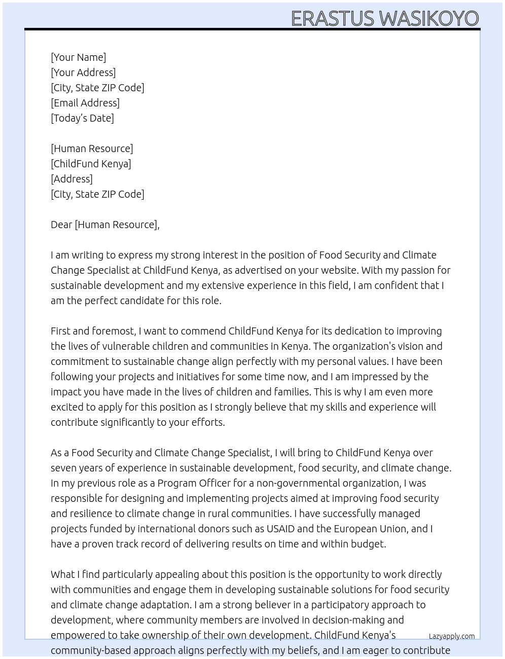 Food Security and climate change specialist At ChildFund Kenya Cover Letter