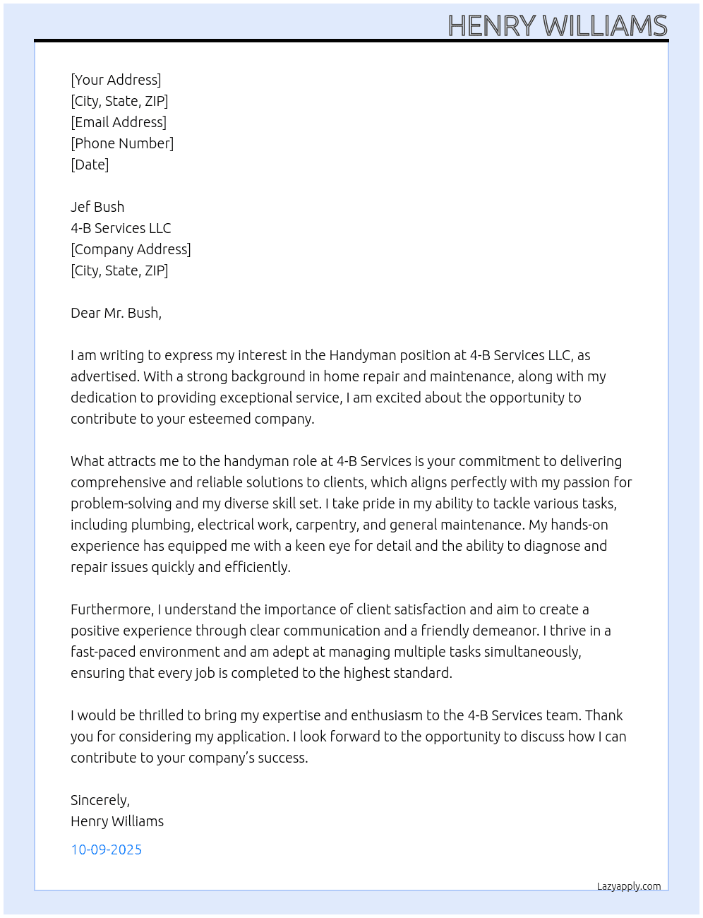 Handyman At 4-B Services LLC Cover Letter