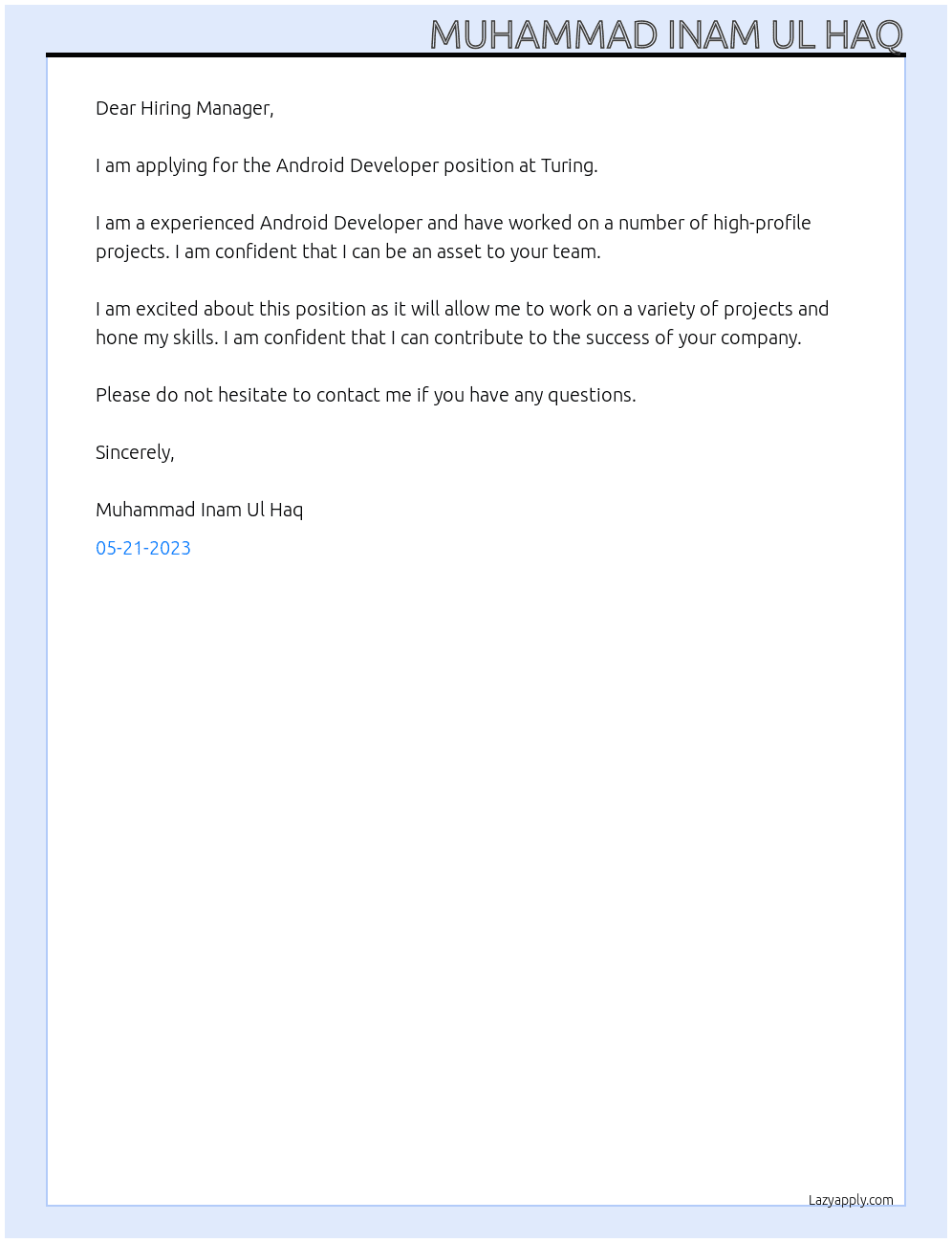 Android Developer At Turing Cover Letter