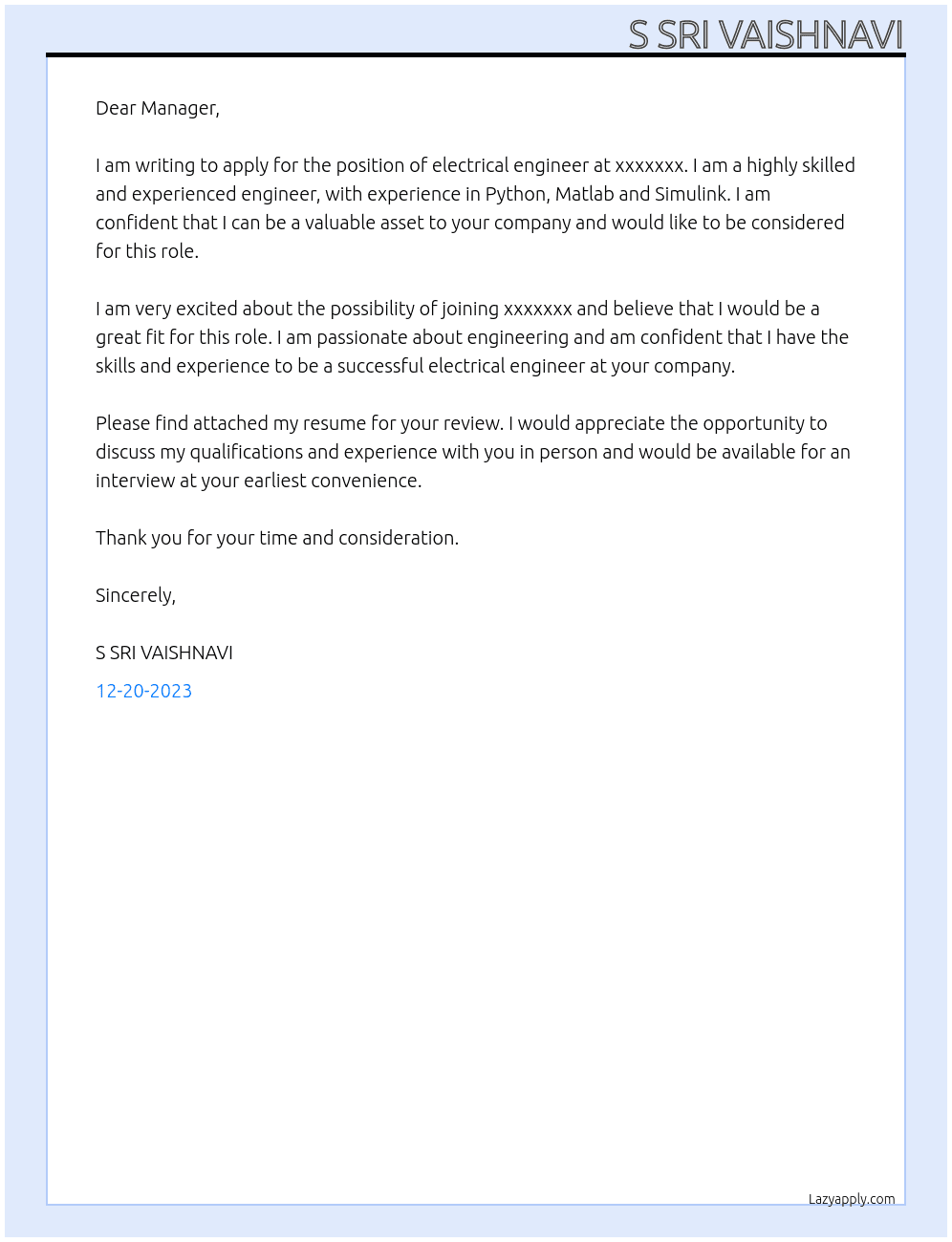 electrical engineer At xxxxxxx Cover Letter