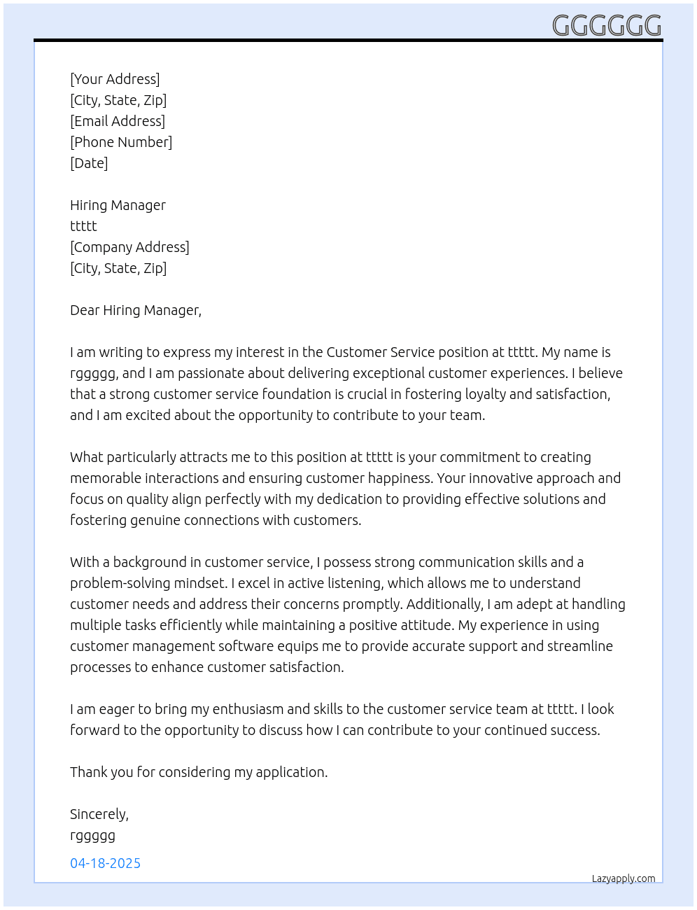 customer service At ttttt Cover Letter