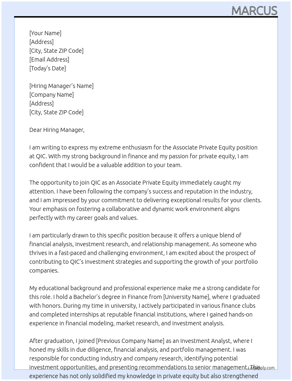 Associate Private Equity At QIC Cover Letter