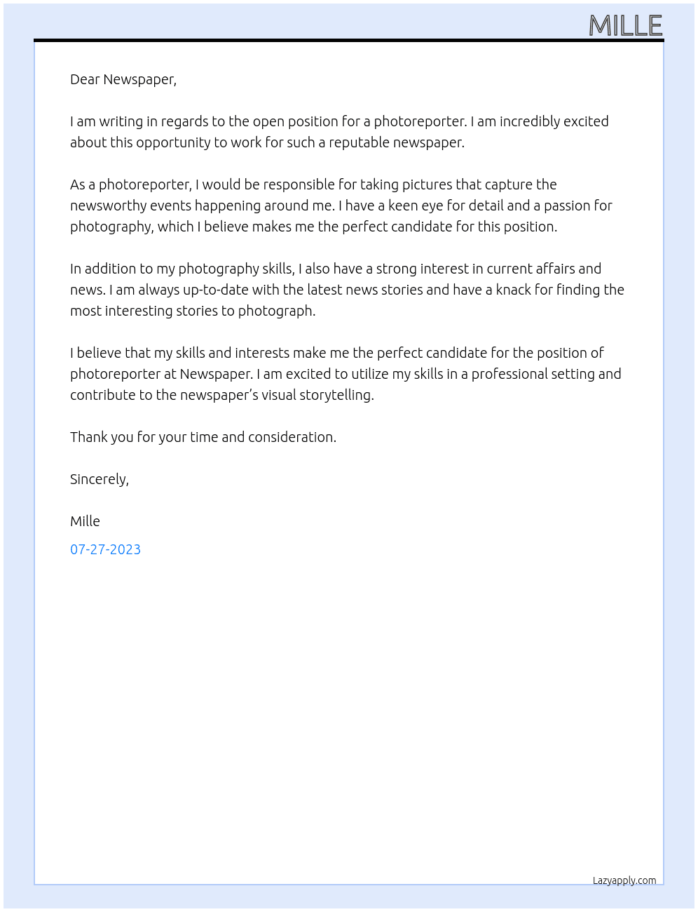 photoreporter At newspaper Cover Letter