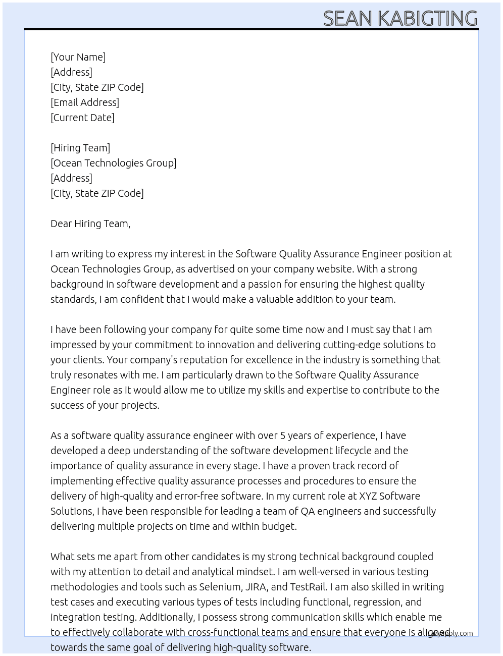 Software Quality Asurrance Engineer At Ocean Technologies Group Cover Letter