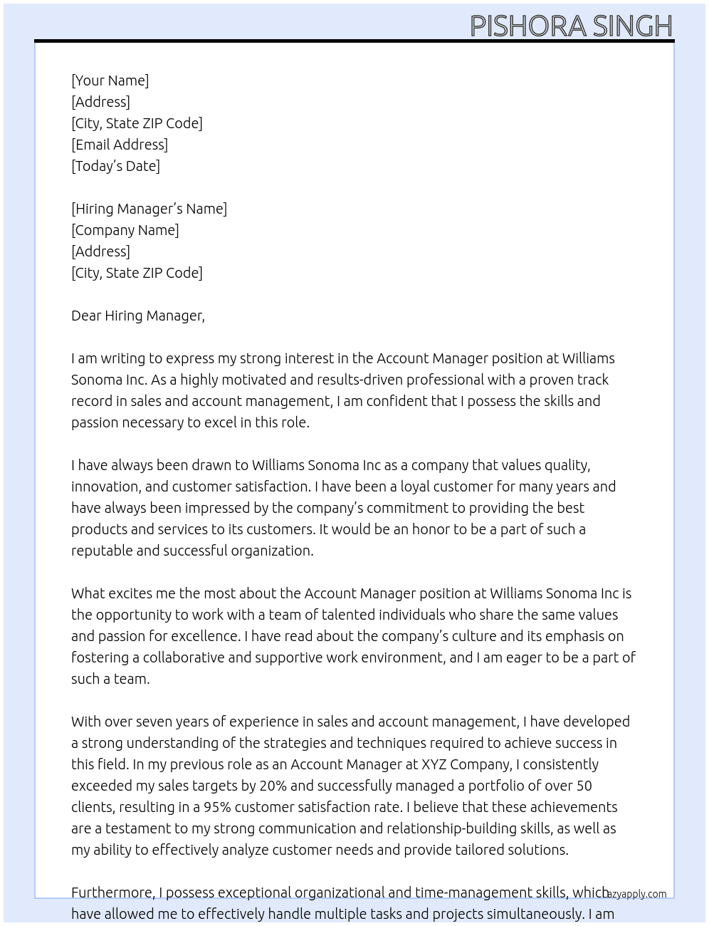 Account Manager At Williams Sonoma Inc Cover Letter