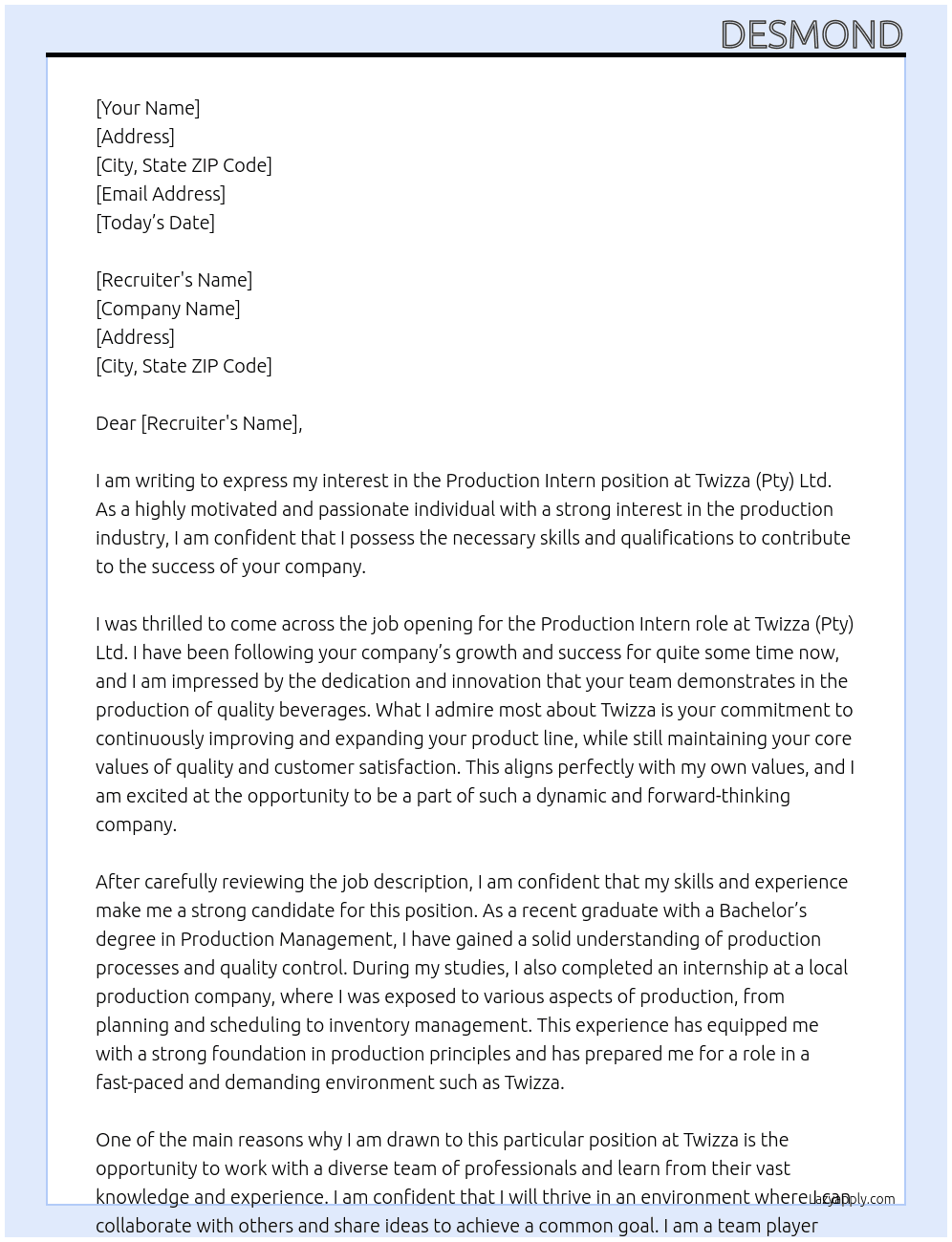 Production Intern At Twizza (Pty) Ltd Cover Letter