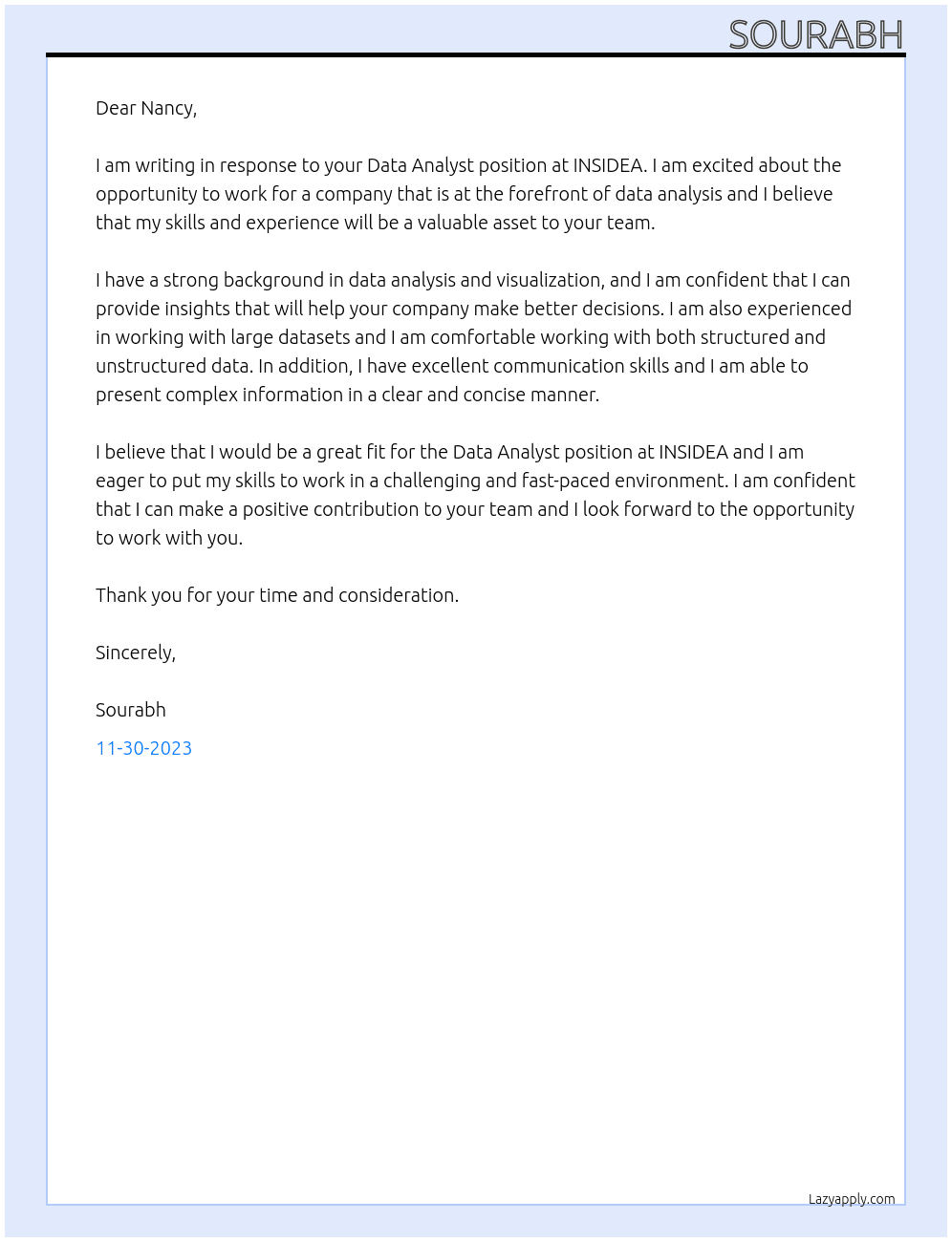 Data Analyst At INSIDEA Cover Letter