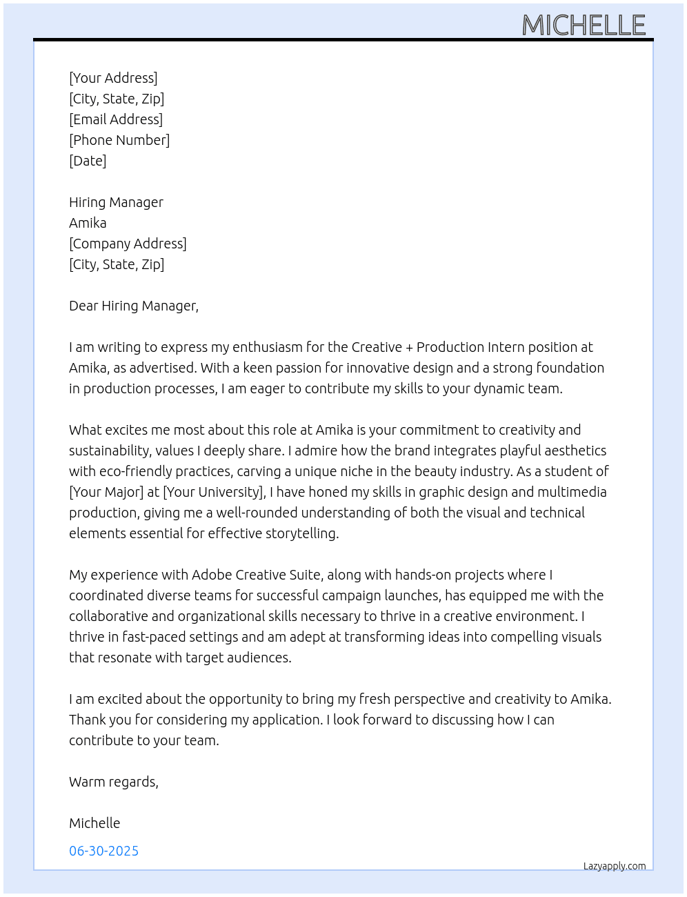 Creative + Production Intern At Amika Cover Letter