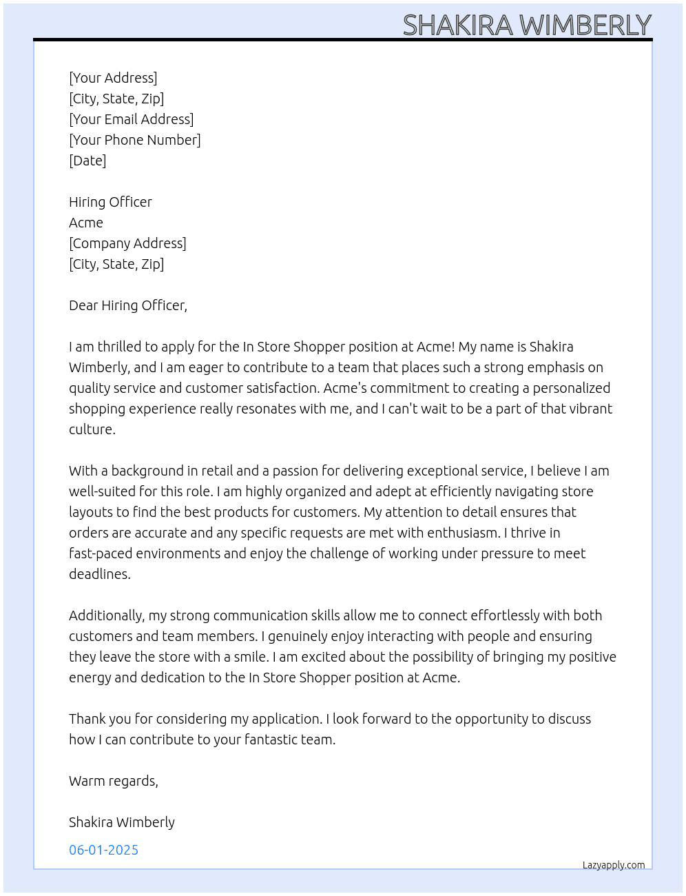 In Store Shopper At Acme Cover Letter