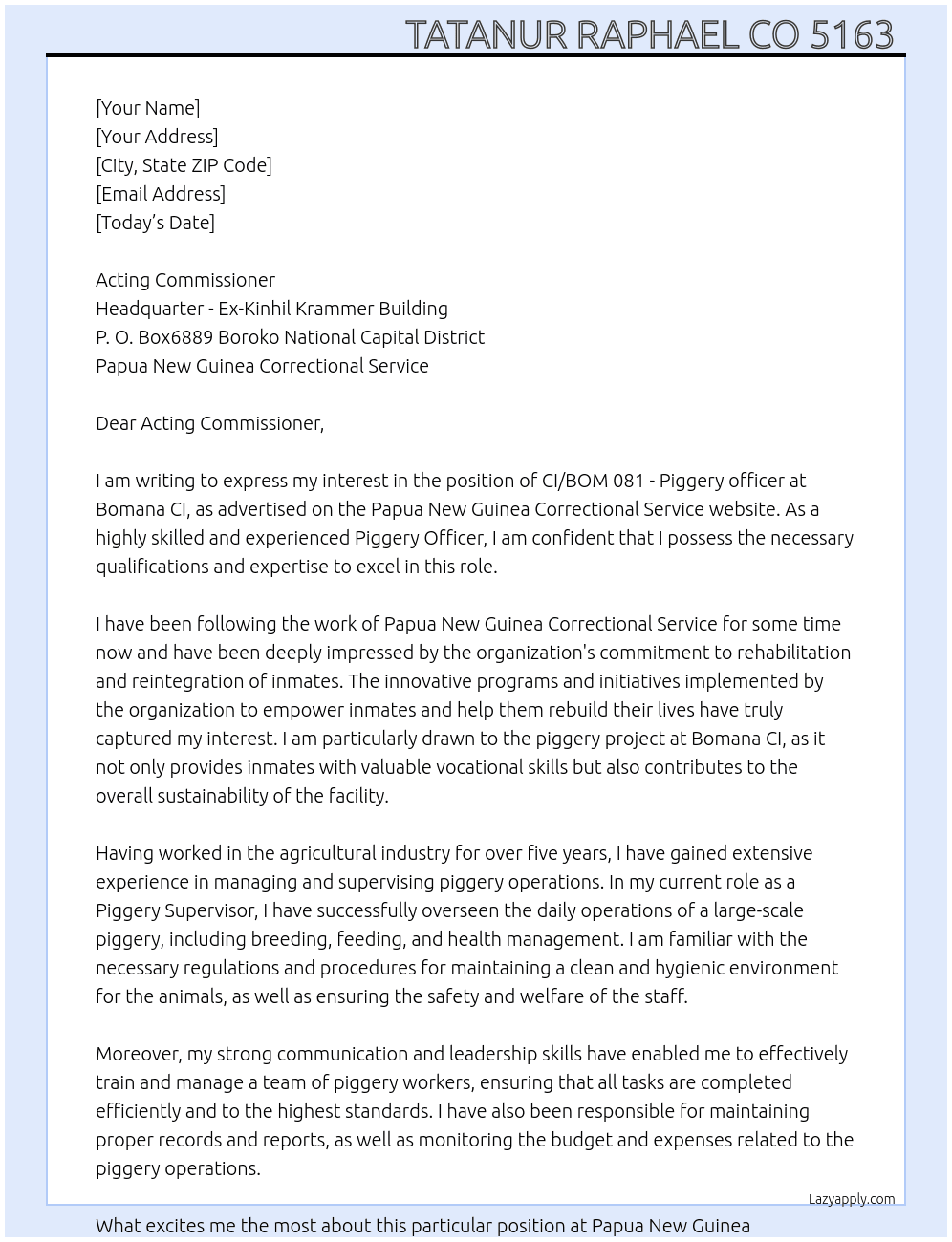 CI/BOM 081 - Piggery officer at Bomana CI At Papua New Guinea Correctional Service  Cover Letter
