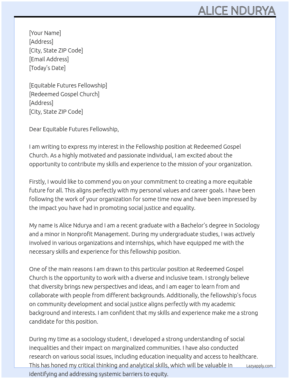 fellowship At Redeemed Gospel Church Cover Letter