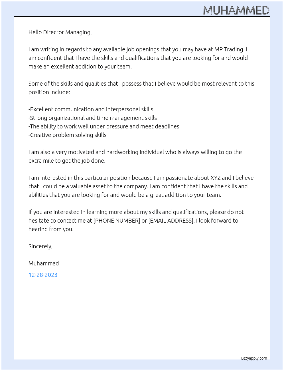 ANY AVAIBLE JOB At MP Trading  Cover Letter