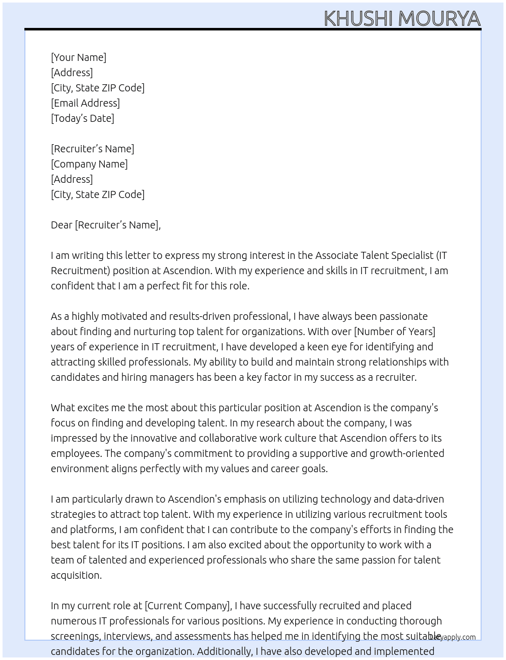 Associate Talent Specialist (IT Recruitment) At Ascendion  Cover Letter