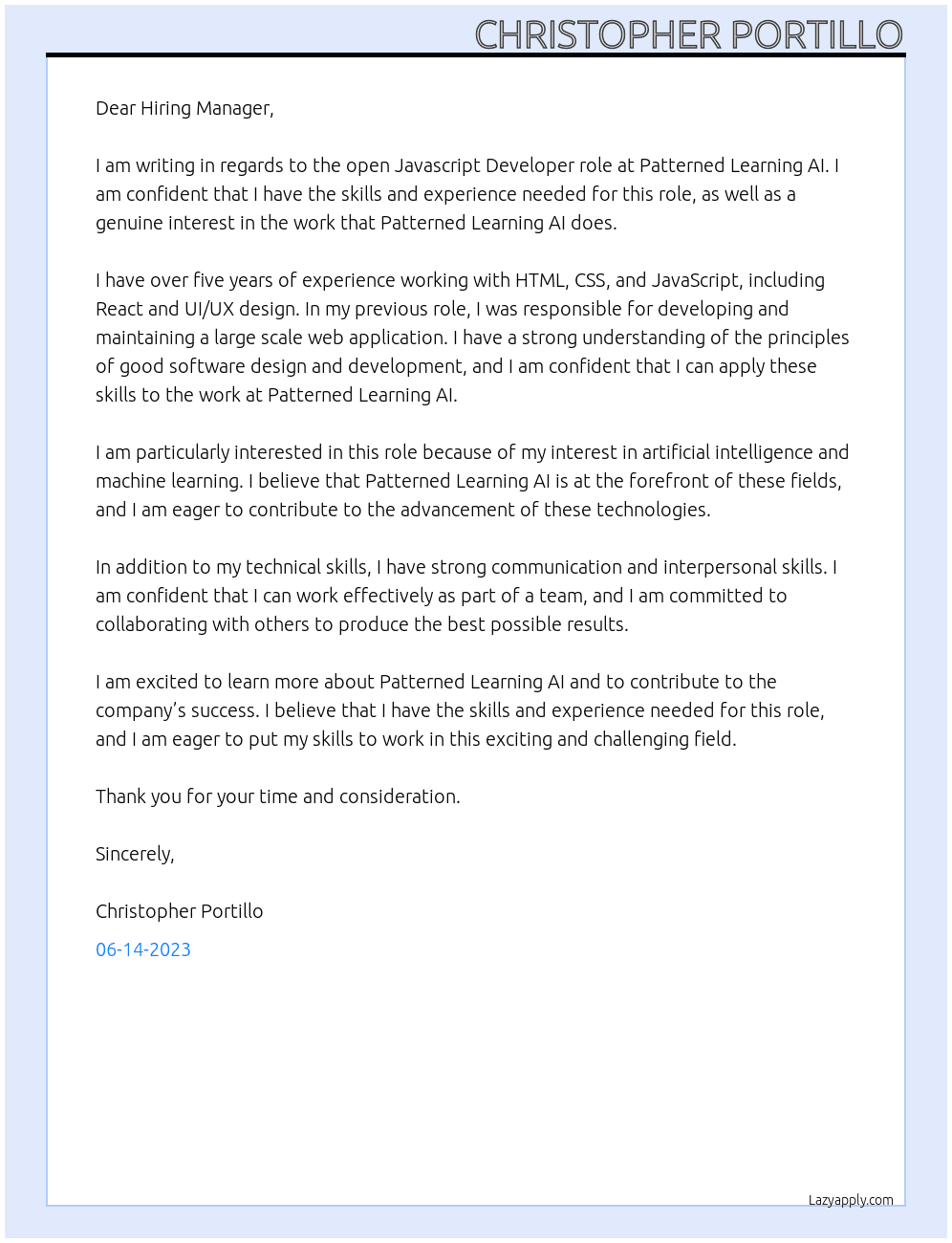Cover Letter At Patterned Learning AI Cover Letter