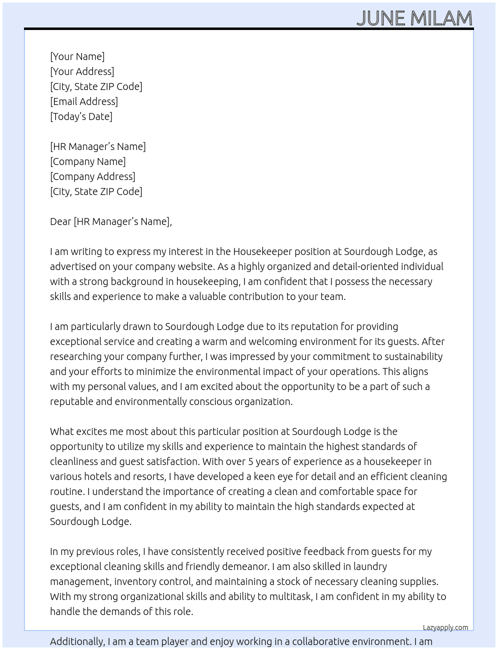 housekeeper At sourdough lodge  Cover Letter