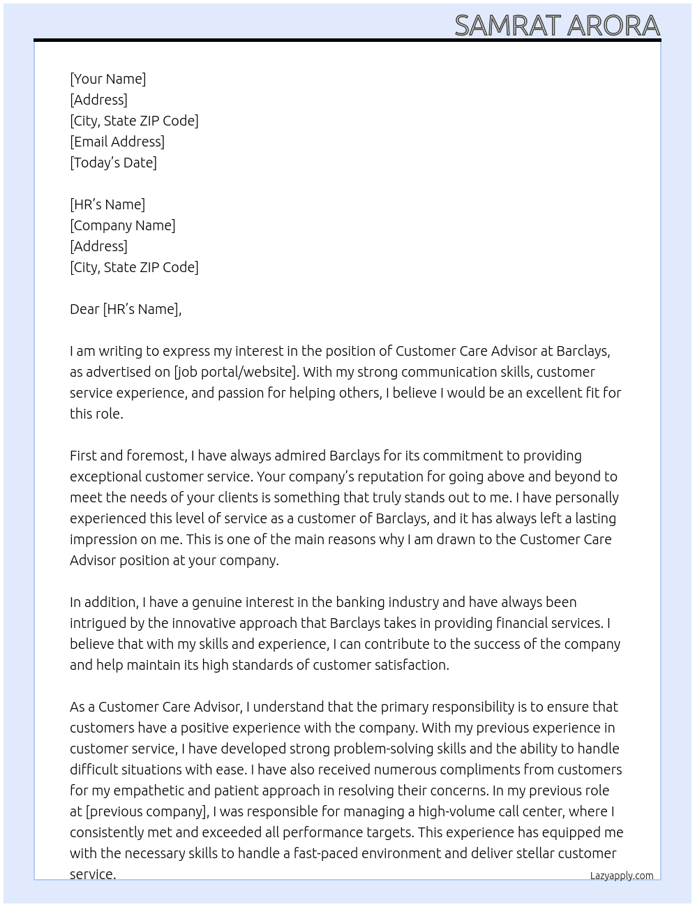 Customer Care Advisor  At Barclays Cover Letter
