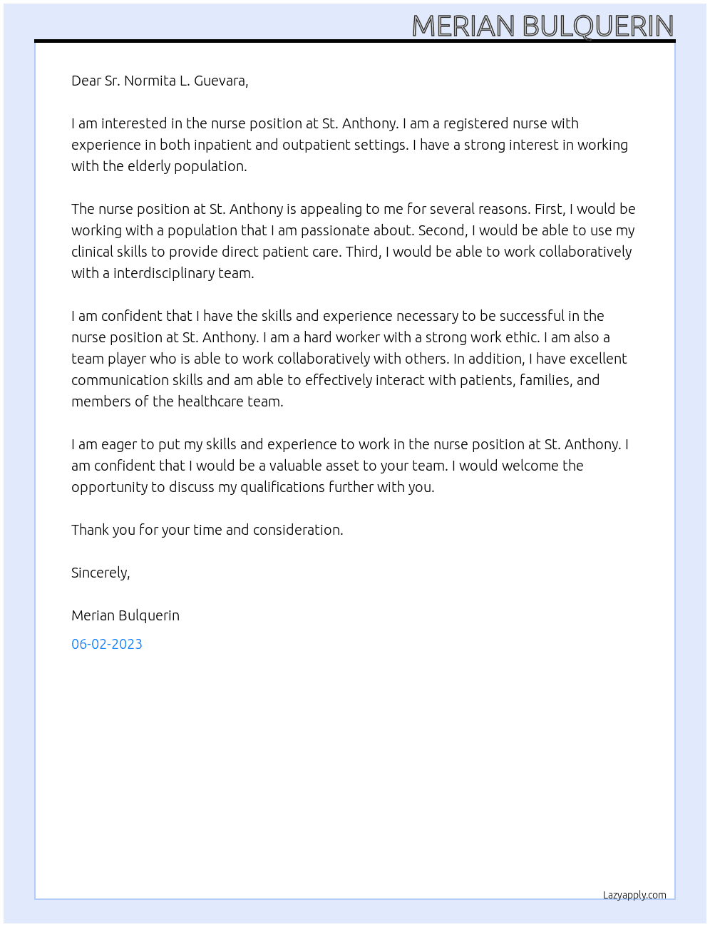 Nurse At St. Anthony  Cover Letter