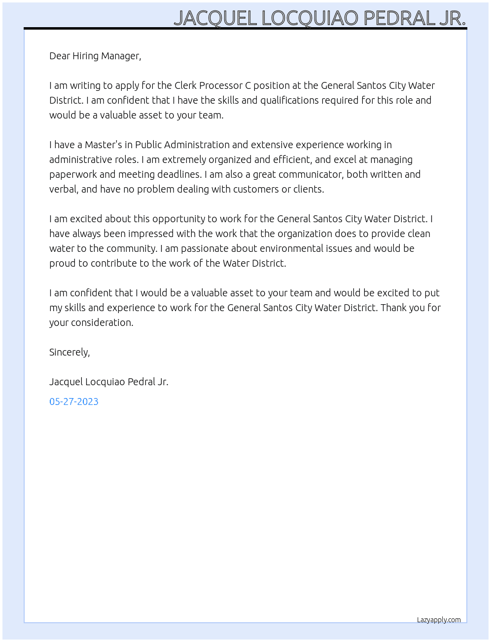 Clerk Processor C At General Santos City Water District Cover Letter