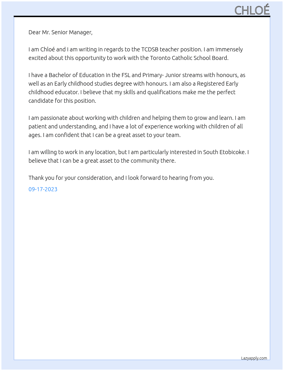 TCDSB teacher At Toronto Catholic School Board Cover Letter