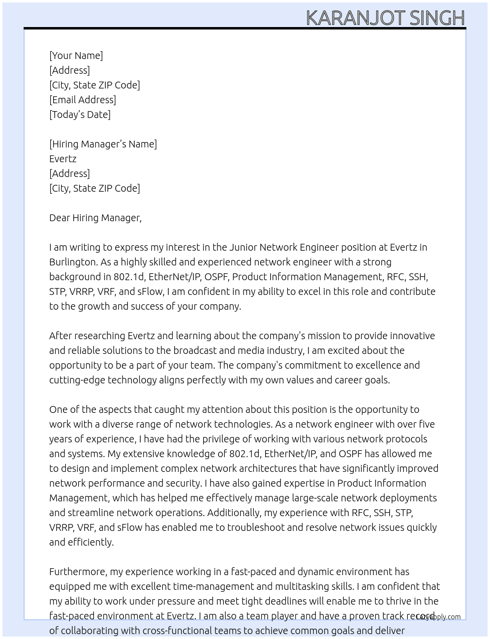 Junior Network Engineer At Evertz Cover Letter