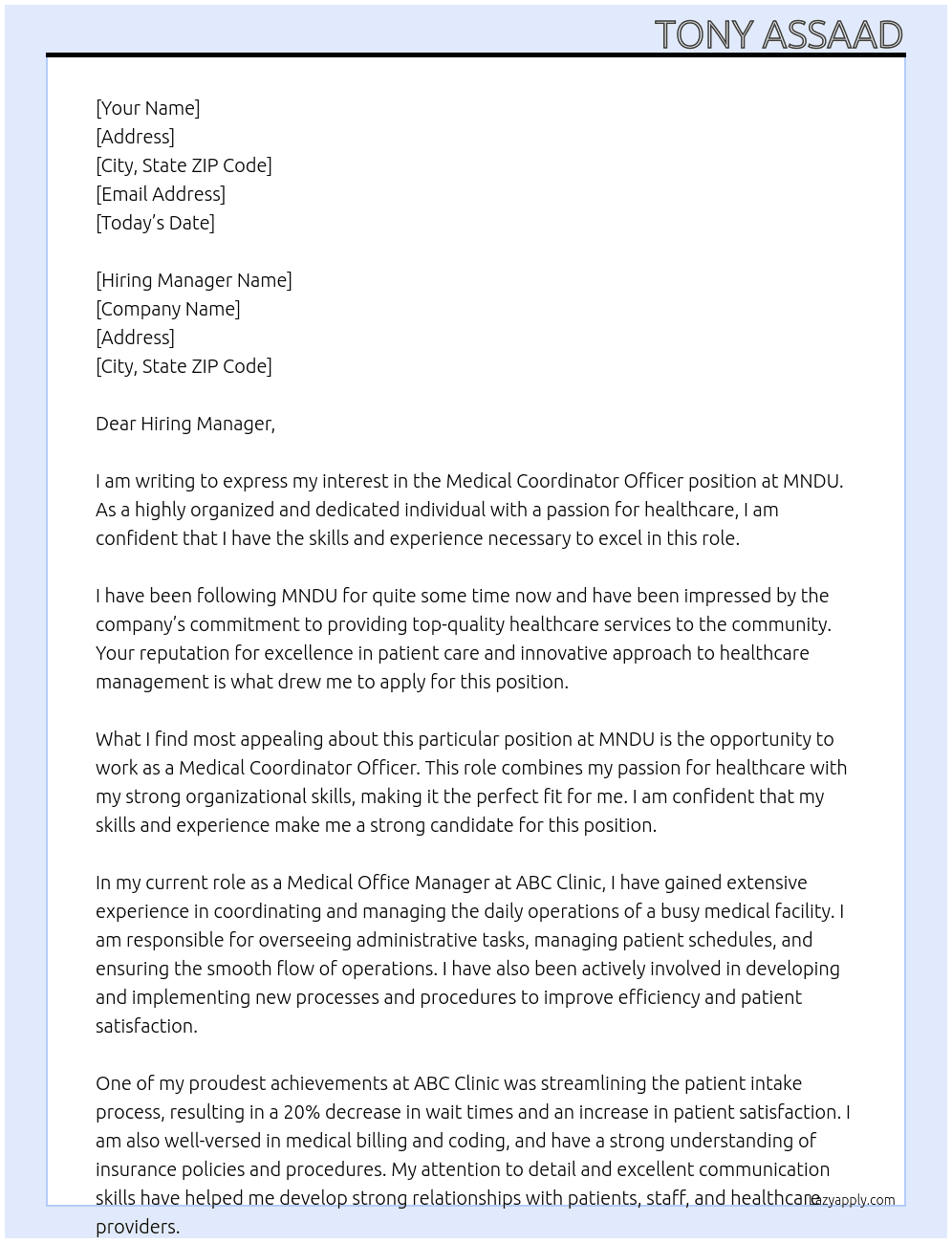 medical coordinater officer At MNDU Cover Letter