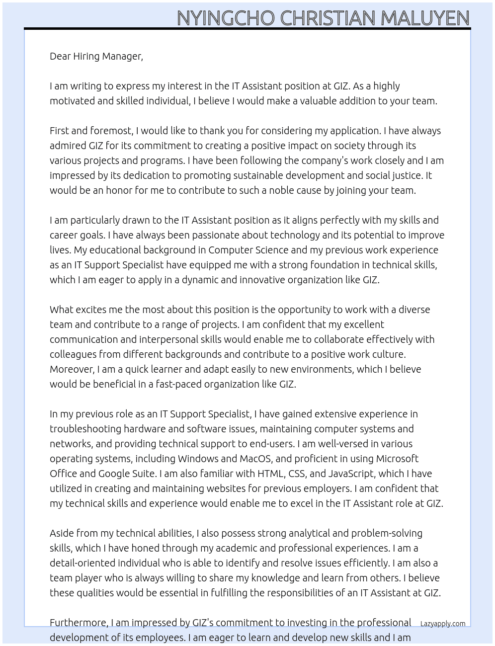 IT Assistant At GIZ Cover Letter