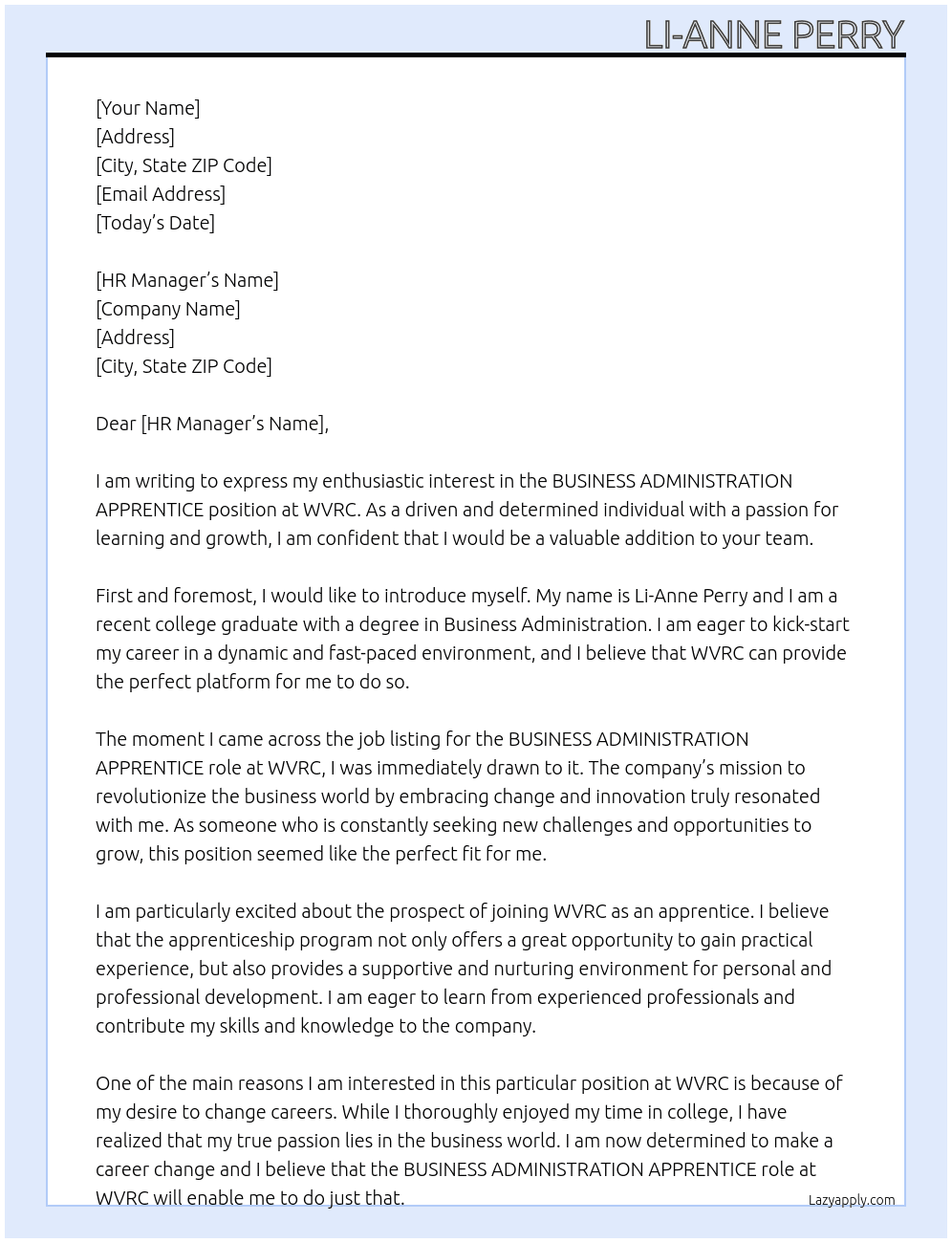 BUSINESS ADMINISTRATION APPRENTICE At WVRC Cover Letter