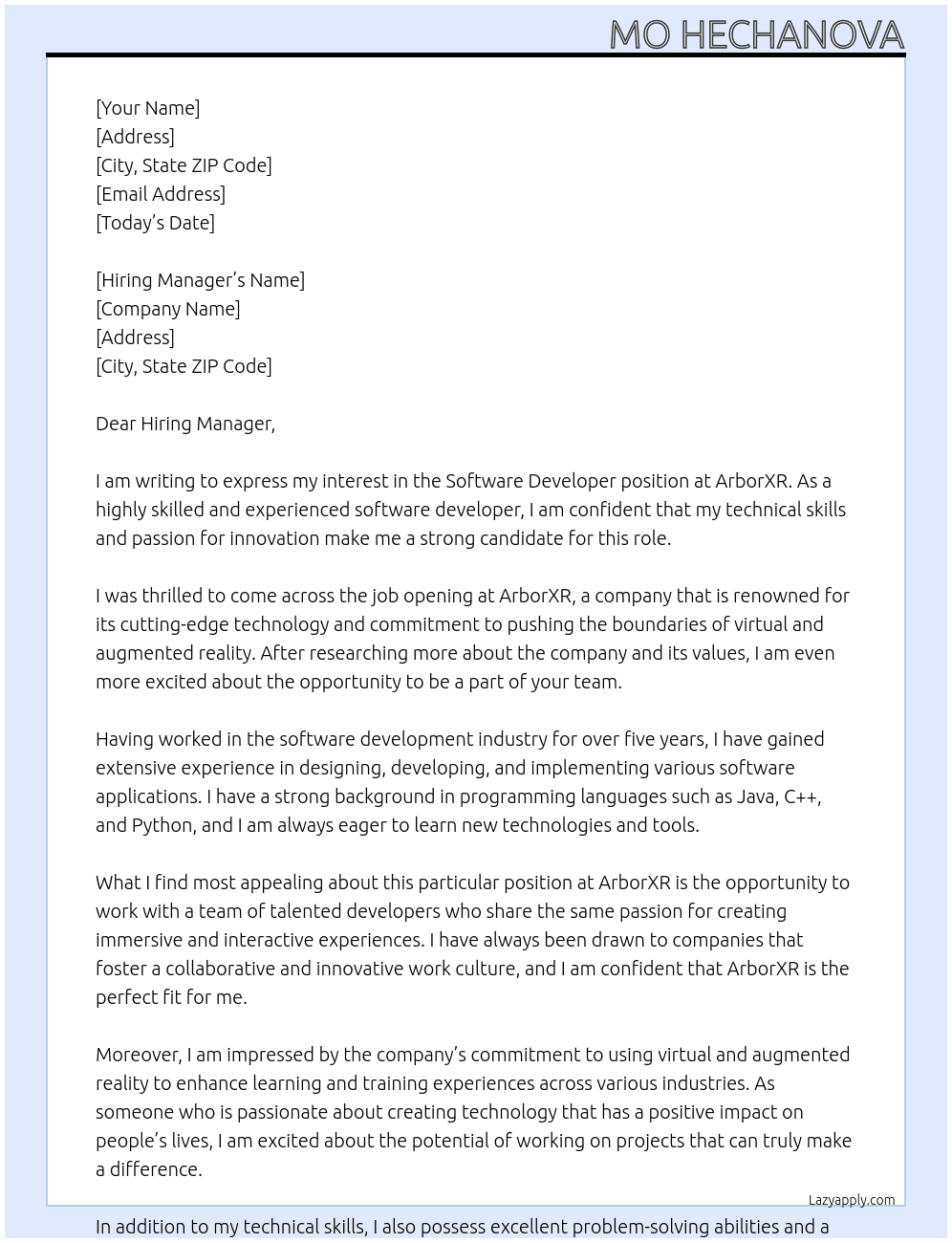 Software Developer At ArborXR Cover Letter
