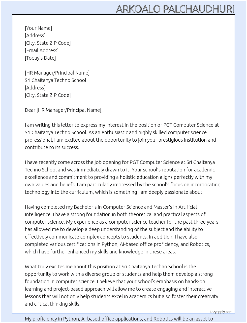 PGT Computer Science At Sri Chaitanya Techno School Cover Letter