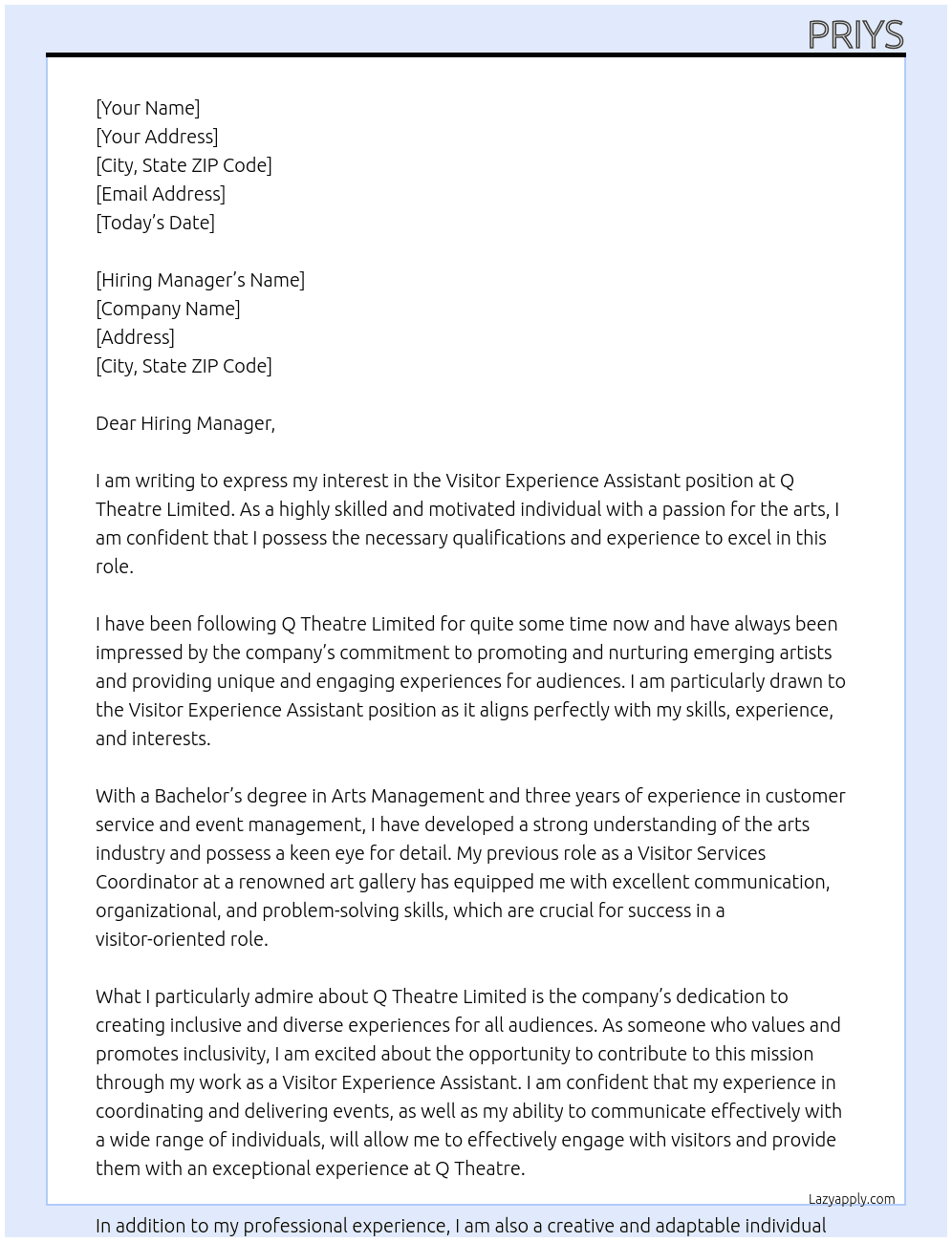 Visitor Experience Assistant At Q Theatre Limited Cover Letter