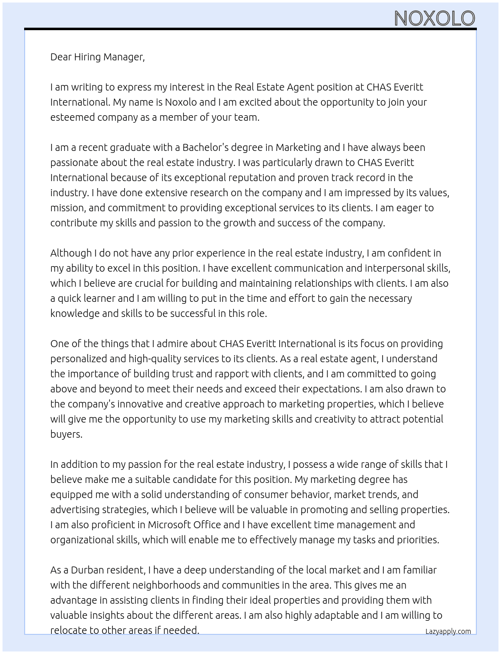 Real estate agent At CHAS everitt international  Cover Letter