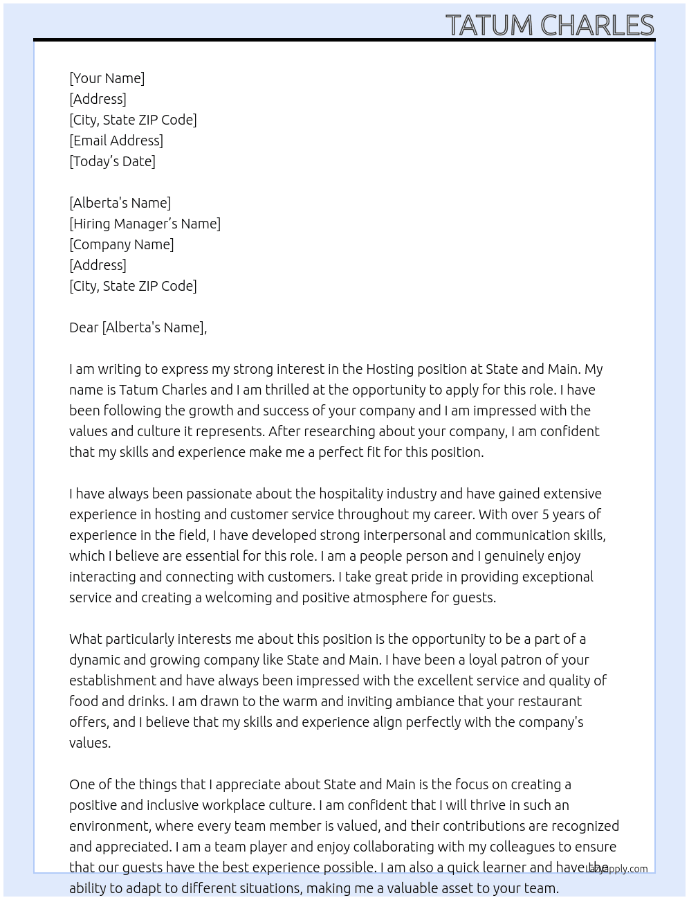 Hosting At state and main Cover Letter