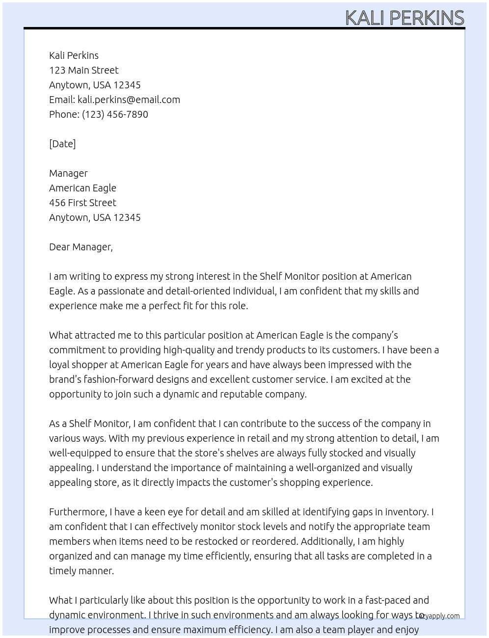 Shelf monitor  At American Eagle Cover Letter