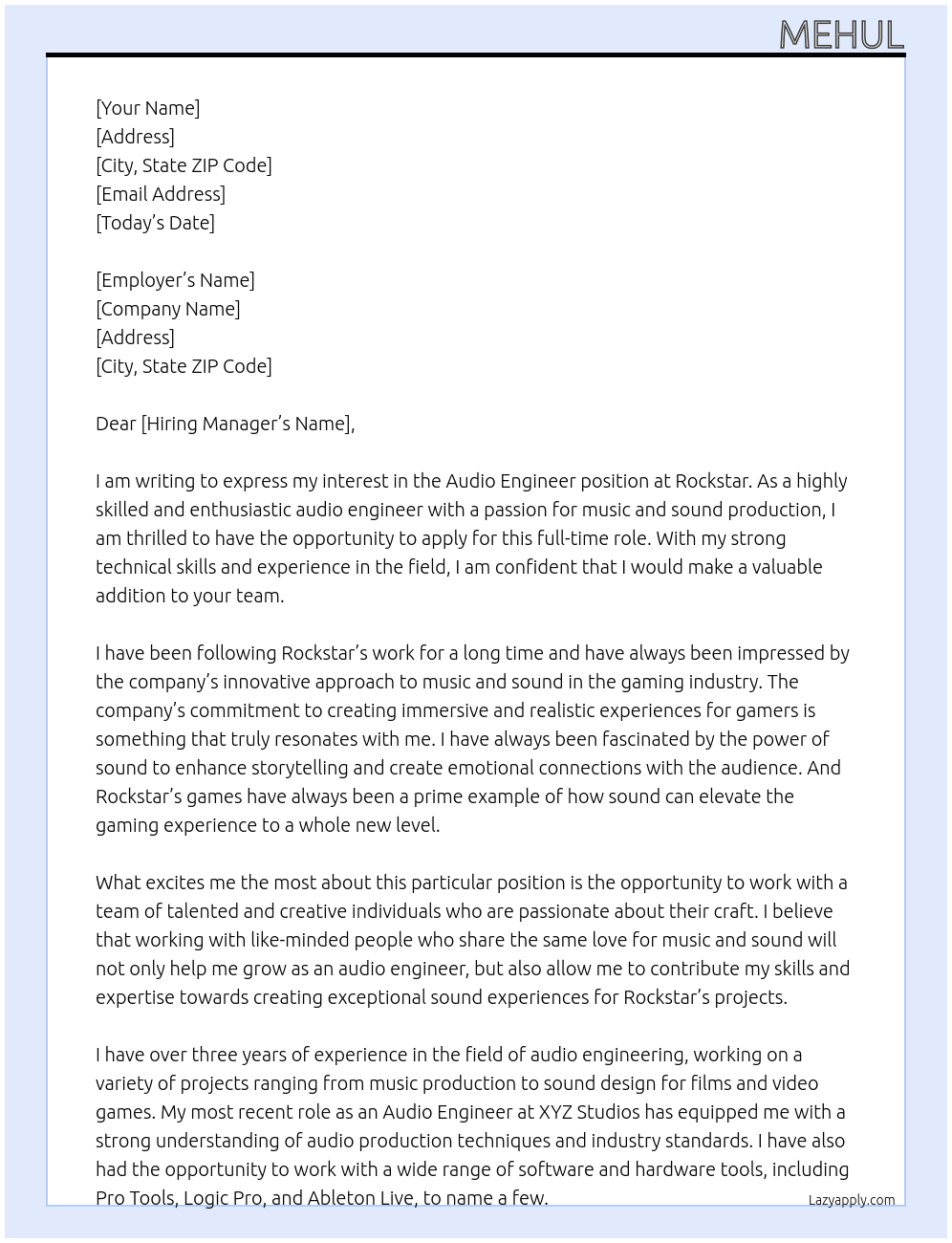 Audio Engineer At rockstar Cover Letter