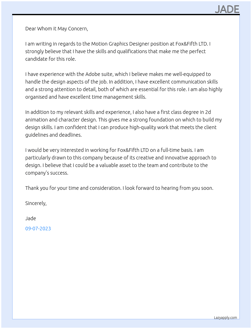 motion graphics designer At Fox&Fifth LTD Cover Letter