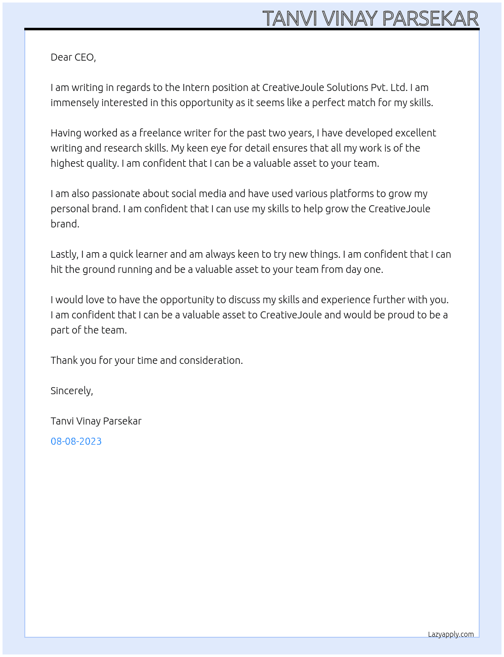 Desired Intern Post At CreativeJoule Solutions Pvt. Ltd. Cover Letter