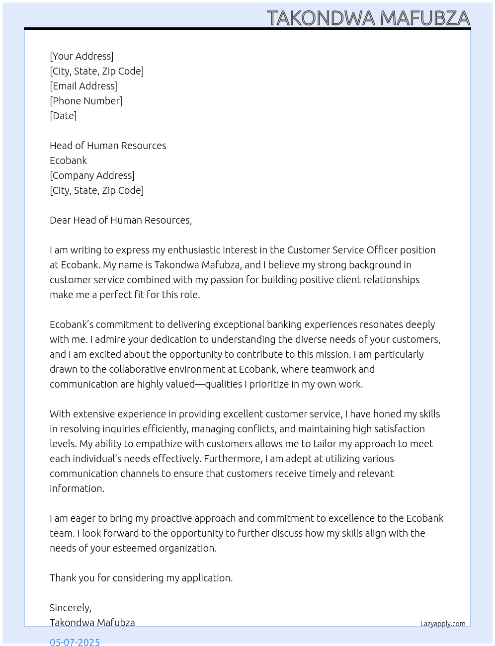 Customer service officer At Ecobank Cover Letter