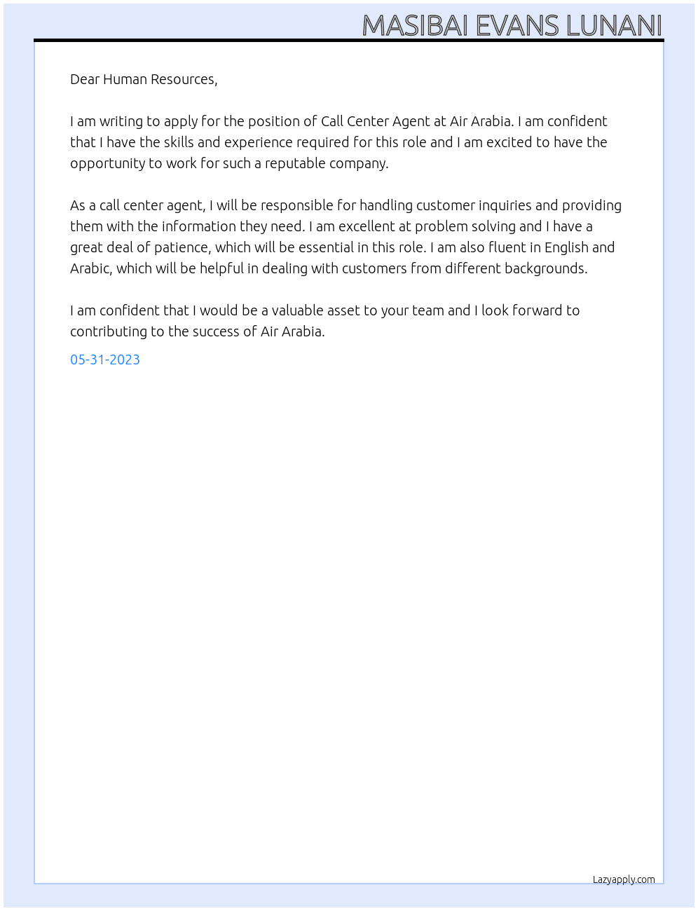 Call center agent At Air Arabia Cover Letter