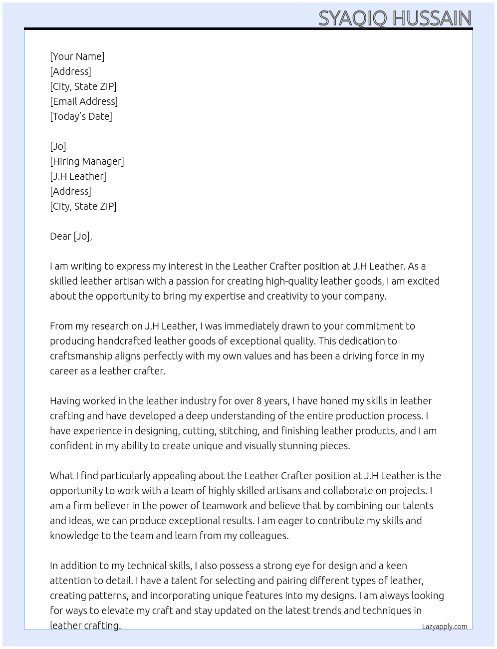 Leather crafter At J.H Leather Cover Letter