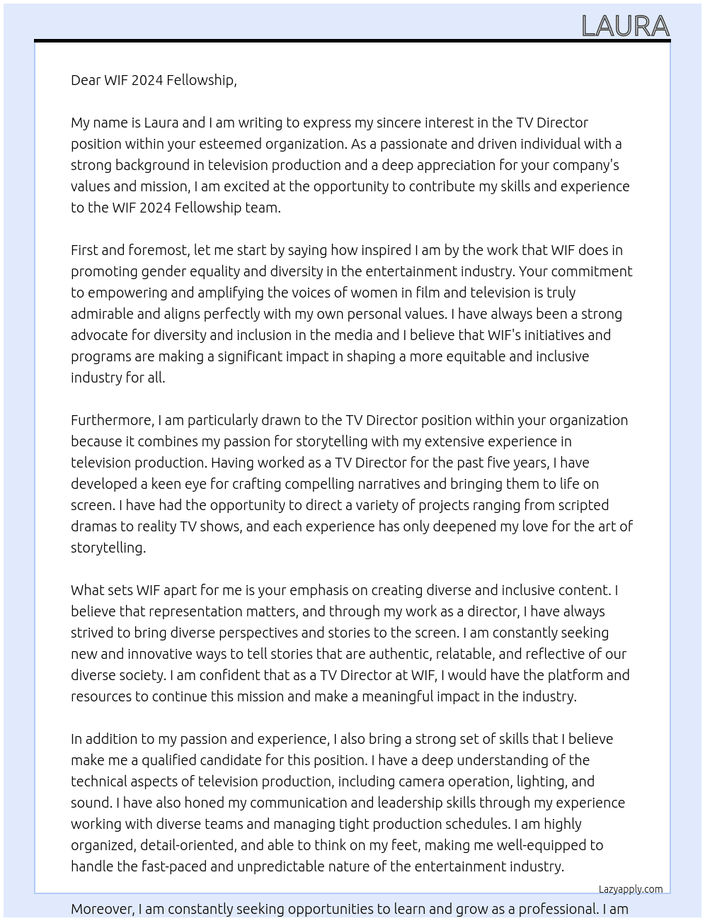 TV Director At WIF 2024 Fellowship Cover Letter
