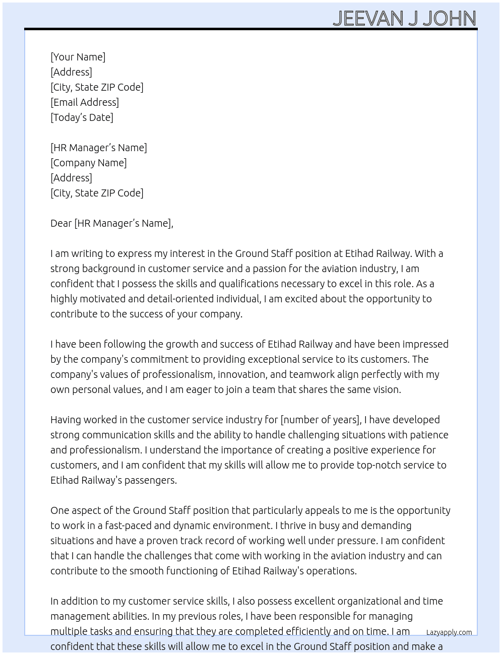 Ground staff  At ethihad railway  Cover Letter