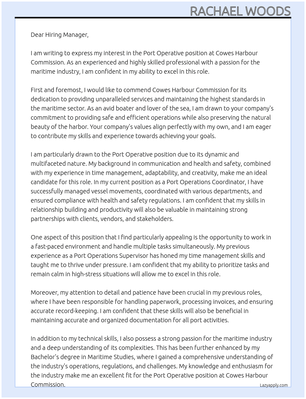 Port Operative  At Cowes Harbour Commission Cover Letter