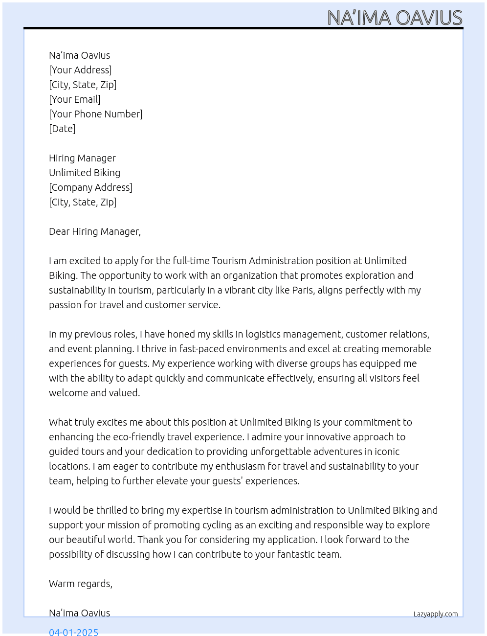 Tourism Administration At Unlimited Biking Cover Letter