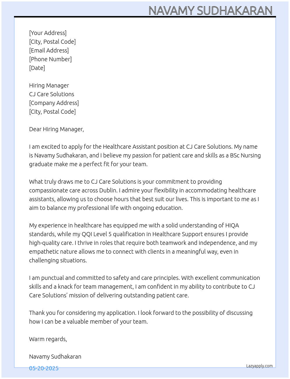 Health care assistant  At CJ Care solutions Cover Letter