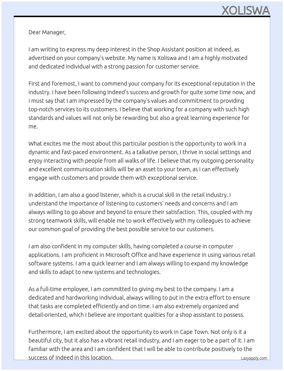 Shop assistant  At Indeed  Cover Letter