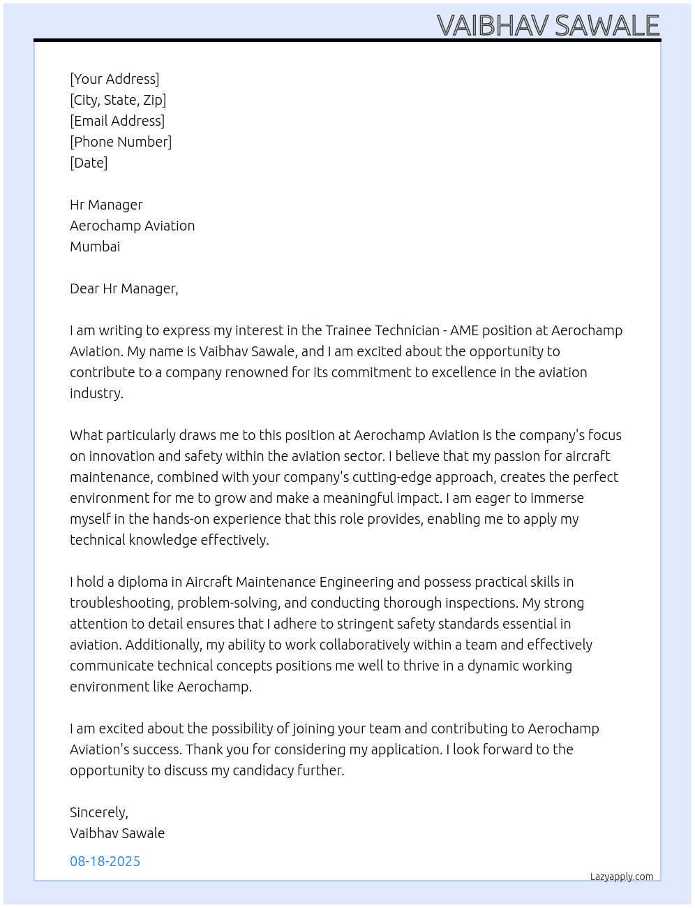 Trainee Technician -AME At Aerochamp aviation mumbai Cover Letter