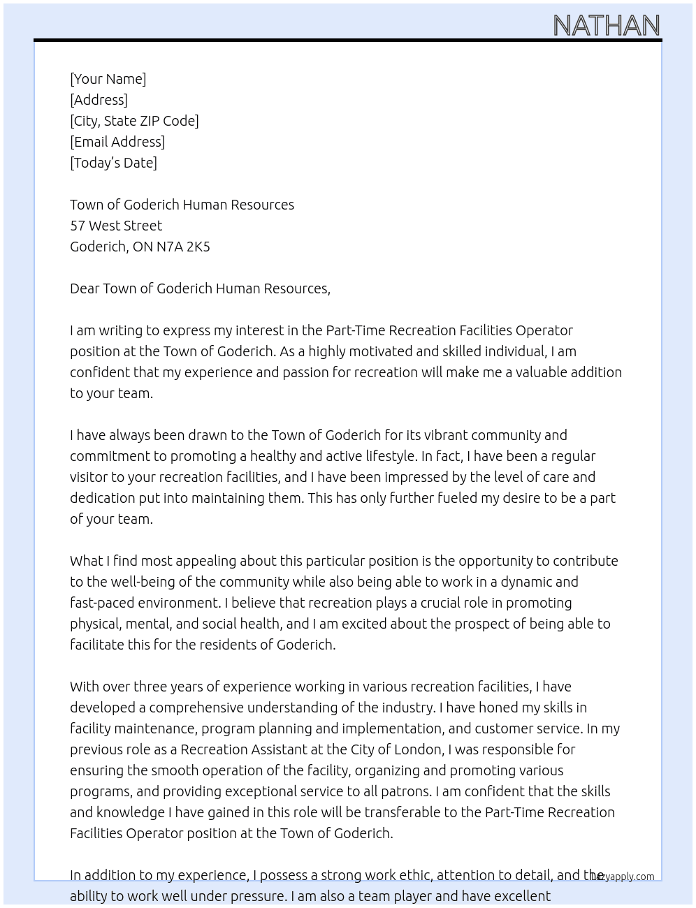Part-Time Recreation Facilities Operator At Town of Goderich  Cover Letter